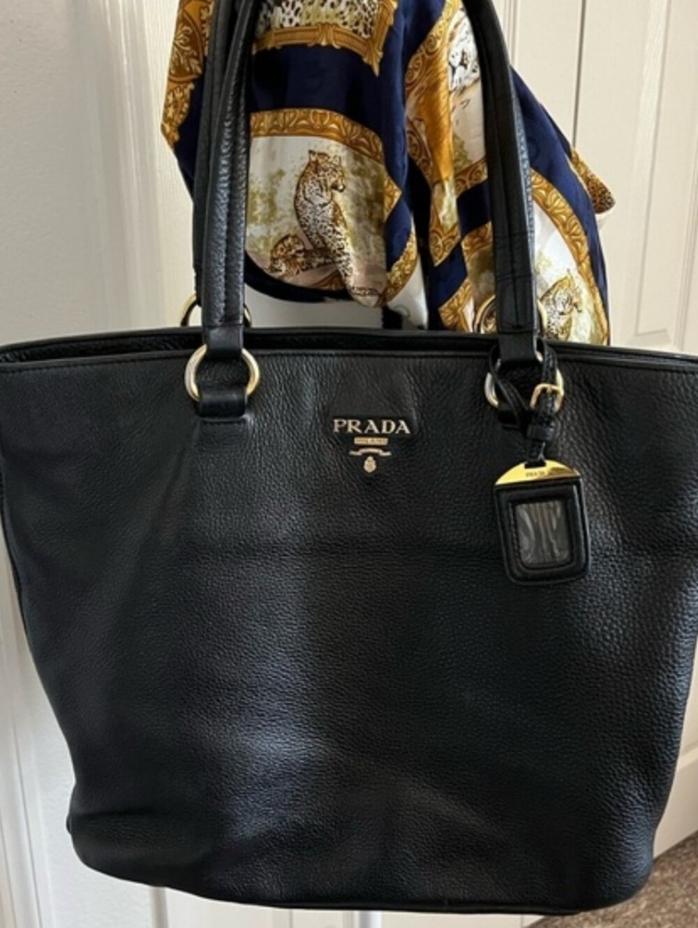Prada Black Leather Tote with Gold-Tone Logo